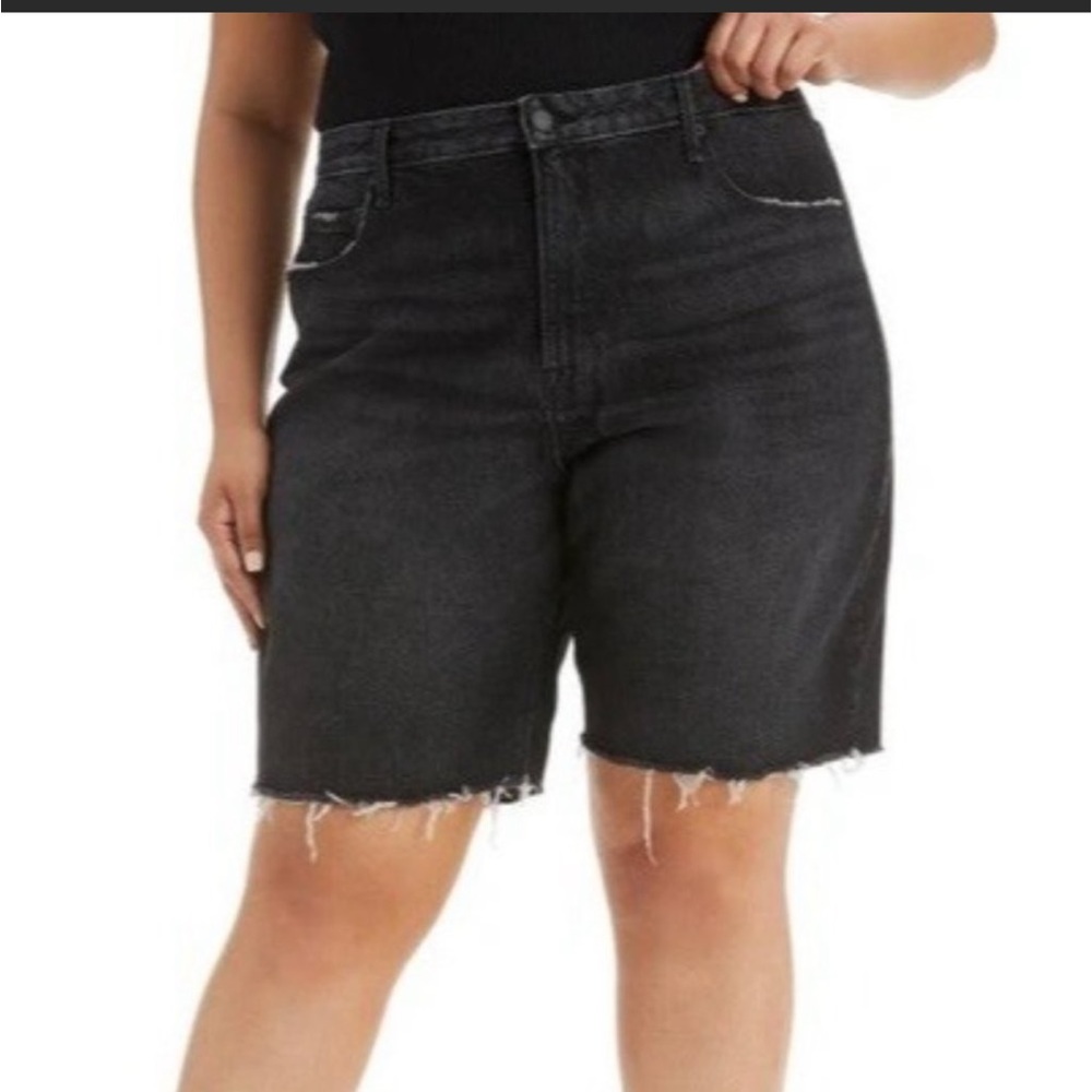 Good American Black High-Rise Distressed Denim Bermuda Shorts